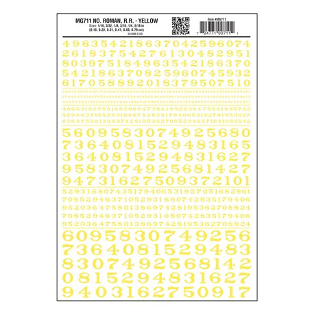 Numbers Dry Transfer Sheet - Roman RR Yellow Dt