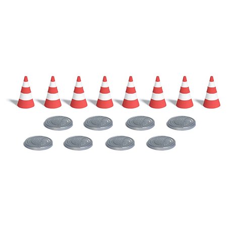 8 traffic cones and 8 manhole covers