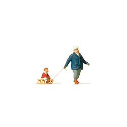 Man Towing Sledge with Child Figure