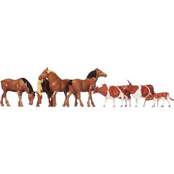 HO Scale Horses (4) and Brown/White Cows (3) by Faller