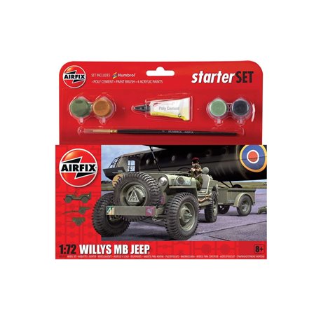 Willys Jeep Starter Set includes paints, brushes and glue - 1:72
