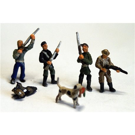 Painted - 4 blunting Men with shotguns and 2 'gun dogs' (OO scale 1/76th)
