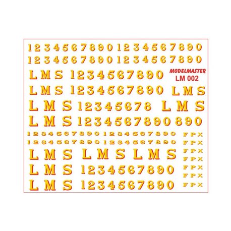 Modelmaster Decals - L.M.S. Serif Loco Lettering & Numbering, 10", 12" & 14" Yellow shaded red