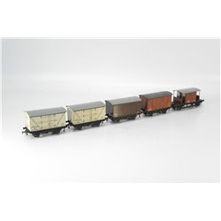 A set of Five Pre War Tin plate Hornby Dublo Wagons and a brake car. OO Gauge USED