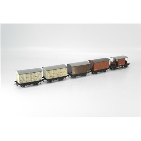 A set of Five Pre War Tin plate Hornby Dublo Wagons and a brake car. OO Gauge USED