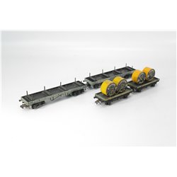 A set of Hornby Dublo Wagons, Two Bogie Bolsters, and Two Cable Wagons. OO Gauge USED