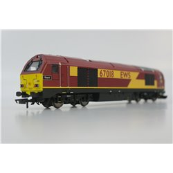 Hornby R2764 Class 67 67018 'Rapid' in EWS livery along with a set of three EWS Coal Wagons . DCC + Sound Used. OO Gauge
