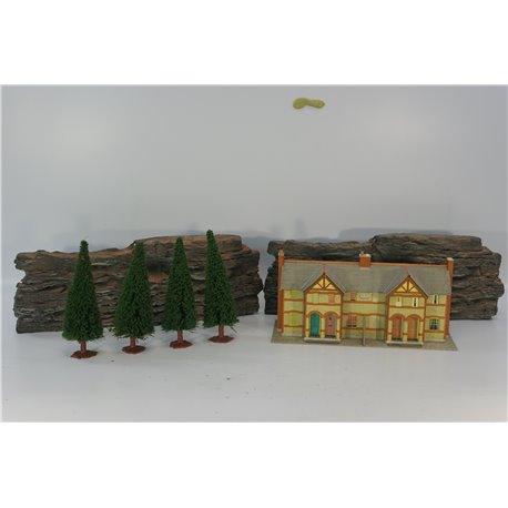 A scenic Bundle of items including a card-built house, Trees, scatter and Rock Faces. Used. OO Gauge