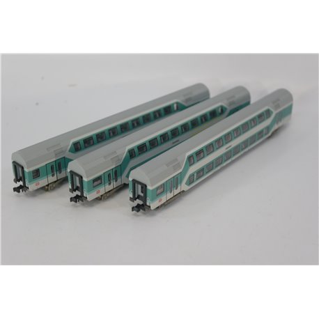 Three Minitrix 13770 and 13771 Double Decker Passenger Cars 1 2.Kl. DB. Used. NGauge