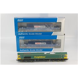 Bachmann Branchline 32-726 Class 66 66610 in Freightliner Livery plus two Dapol KQA/KTA Pocket Wagons and containers . Used. O