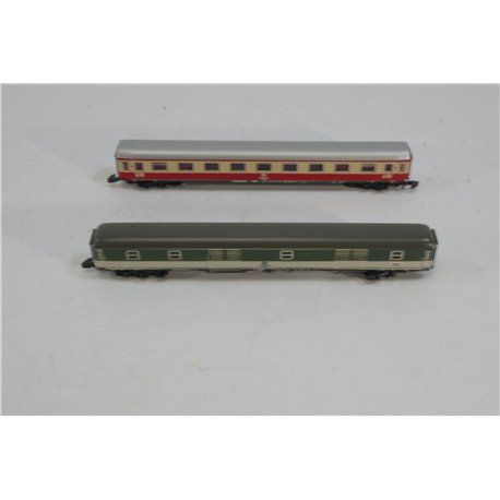Marklin 8722 Z Gauge Green/White Baggage Car plus Red/White Express Coach. Used. z Gauge