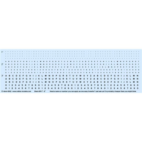Railtec 4mm-1002 Numeric/alphabet sheet: black BR scale 1" - 3" for OO gauge