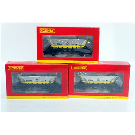 Hornby R6890 Pack of 3 HFA coal hopper wagons - BR railfreight livery (yellow cradle) "Barry Depot" branding - Used. OO Gauge