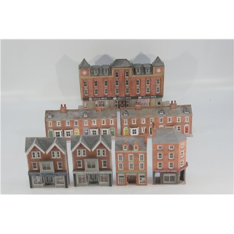 A Selection of Completed Metcalfe Kits - Commercial Buildings, shops, Terraced houses and Department Store in Reed Brick. Used.