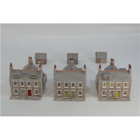 A Selection of Completed Metcalfe Kits - Three Detached Houses with out buildings in Grey Stone . Used. N Gauge 