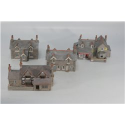 A Selection of Completed Metcalfe Kits - Three Detached Houses and Cafe in Grey Stone. Used. N Gauge 