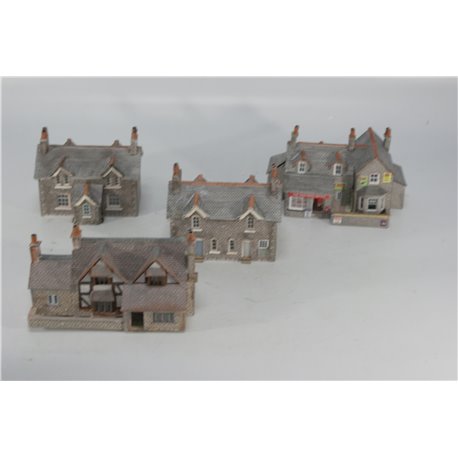 A Selection of Completed Metcalfe Kits - Three Detached Houses and Cafe in Grey Stone. Used. N Gauge 