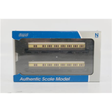 Dapol 2P-003-012 GWR B set 6445 and 6446 in GWR chocolate and cream with Twin Cities crest. Used. N Gauge 