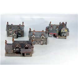 A Selection of Completed Metcalfe Kits - Three Detached Houses and Cafe in Grey Stone. Used. N Gauge 