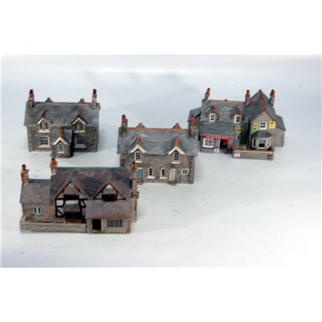 A Selection of Completed Metcalfe Kits - Three Detached Houses and Cafe in Grey Stone. Used. N Gauge 