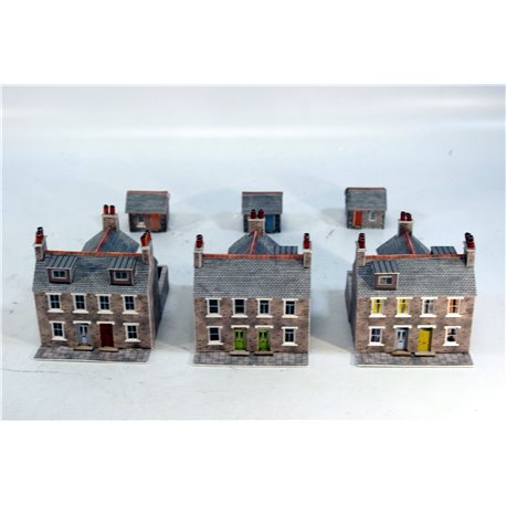 A Selection of Completed Metcalfe Kits - Three Detached Houses with out buildings in Grey Stone . Used. N Gauge 
