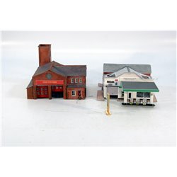 A Selection of Completed Metcalfe Kits - A Petrol Station, a selection of cars and a Firestation. Used. N Gauge 