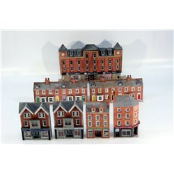 Selection of Completed Metcalfe Kits: Commercial Buildings, shops, Terraced houses, Department Store in Red Brick. Used. N gauge