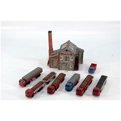 A Completed Metcalfe Kits of a Factory and a selection of painted diecast Lorries . Used. N Gauge