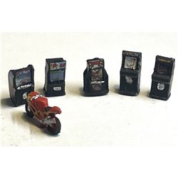 5 x Arcade Machines (one with Bike) Incl Decals ( N Scale 1/148th) Unpainted Kit.