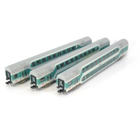 Three Minitrix 13770 and 13771 Double Decker Passenger Cars 1 2.Kl. DB. Used. NGauge