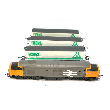 Hornby R348B Class 37 37063 in Railfreight Grey plus three Shellstar bogie rail vans. Used. OO Gauge