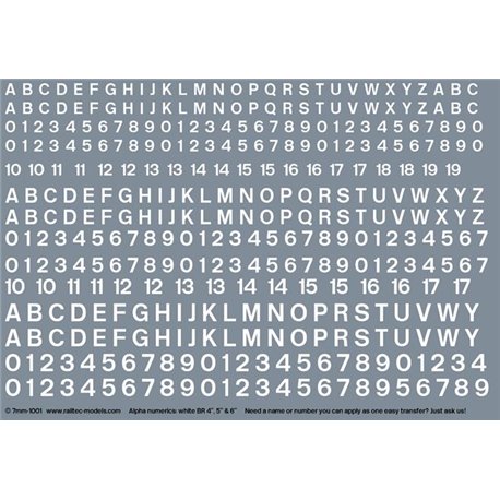Numeric/alphabet sheet: white BR scale 4" - 6" for O gauge