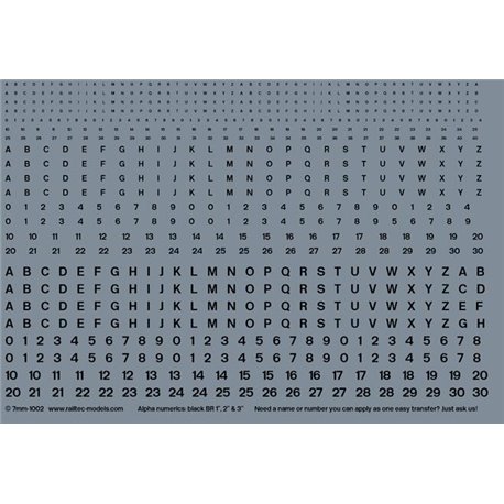 Numeric/alphabet sheet: black BR scale 1" - 3" for O