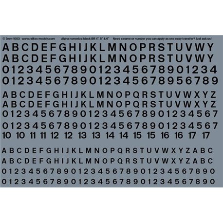 Numeric/alphabet sheet: black BR scale 4" - 6" for O