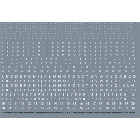 Numeric/alphabet sheet: white Gill Sans scale 1"-3" for