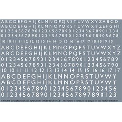 Numeric/alphabet sheet: white Gill Sans scale 4"-6" for