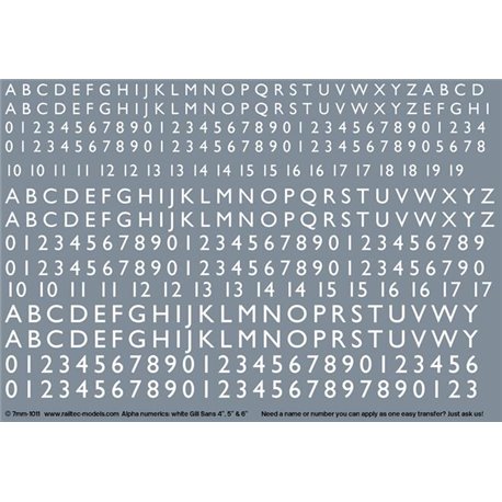 Numeric/alphabet sheet: white Gill Sans scale 4"-6" for