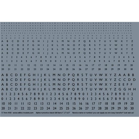 Numeric/alphabet sheet: black Gill Sans scale 1"-3" for