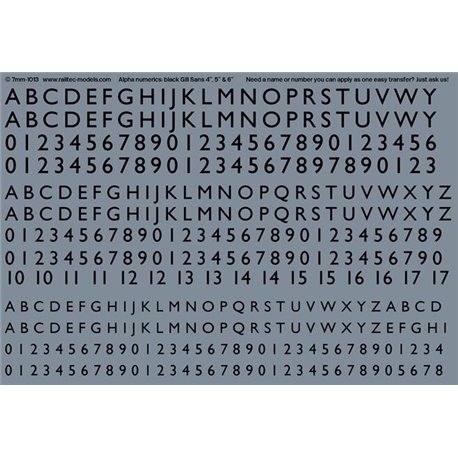 Numeric/alphabet sheet: black Gill Sans scale 4"-6" for