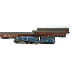 Hornby A4 Mallard in BR Blue plus three Maroon Coaches . Used. OO Gauge