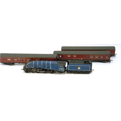 Hornby A4 Mallard in BR Blue plus three Maroon Coaches . Used. OO Gauge