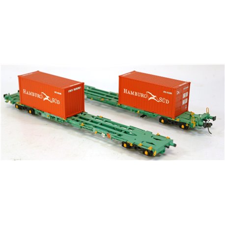 Bachmann Branchline 37-310 2 Intermodal bogie wagons with 2 20ft containers "Hamburg SUD". Used. OO Gauge 